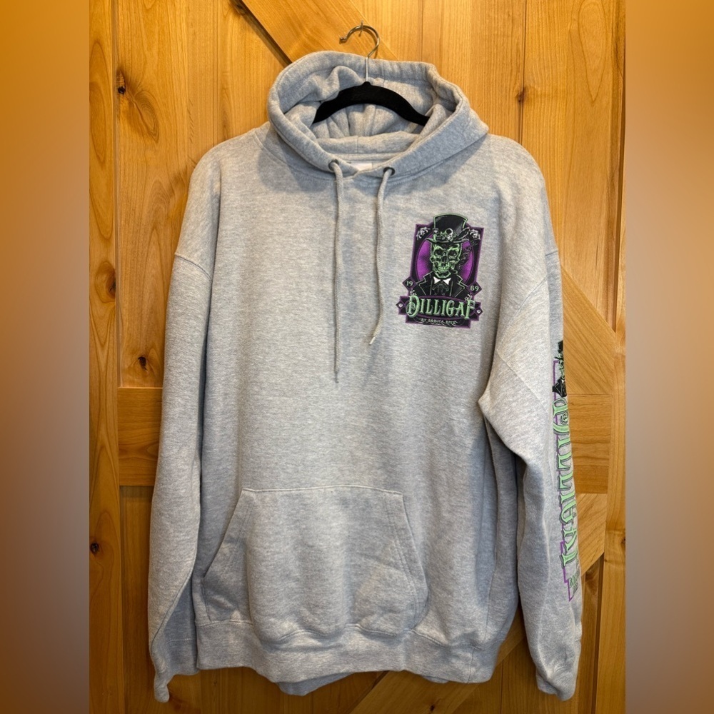 DILLIGAF By Bohica Bill Unisex Gray Hoodie Sweatshirt Size L Double Sided Green